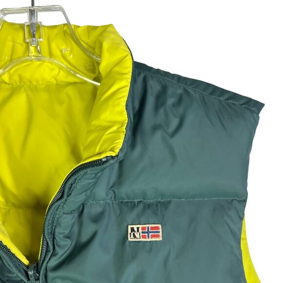 Napapijri Puffer Vest Womens 12 Green/Yellow Reversible Full Zip Pocket Front - Picture 3 of 10
